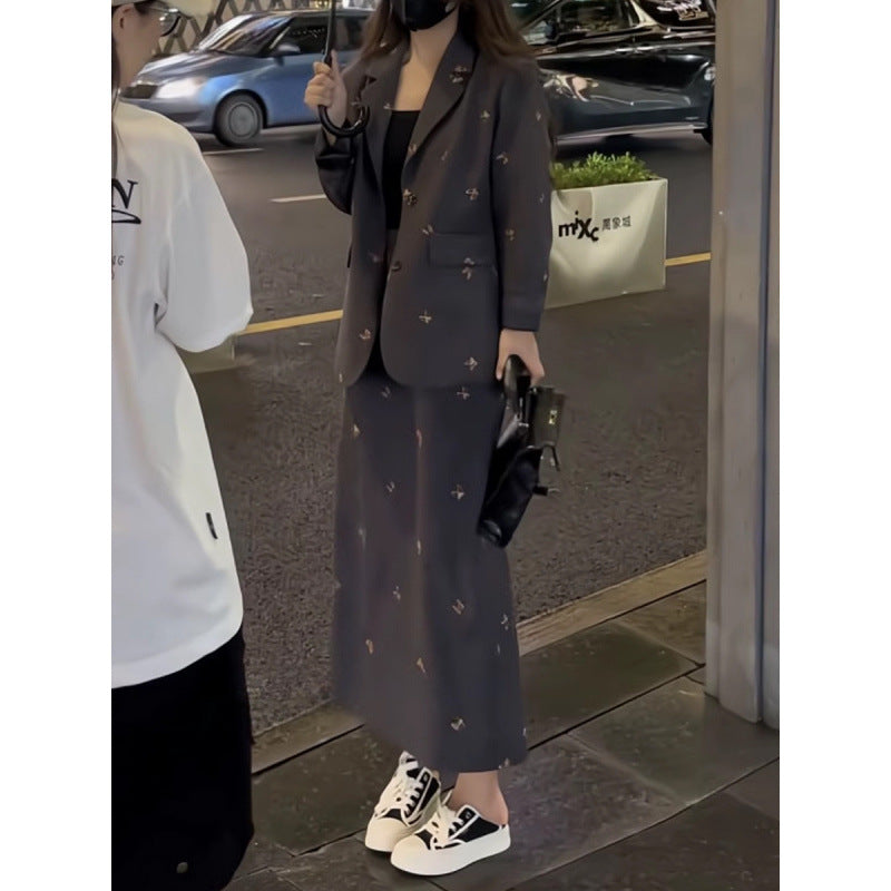 2025 autumn new temperament high-end blazer women's clothing high waist thin skirt top three-piece women's clothing
