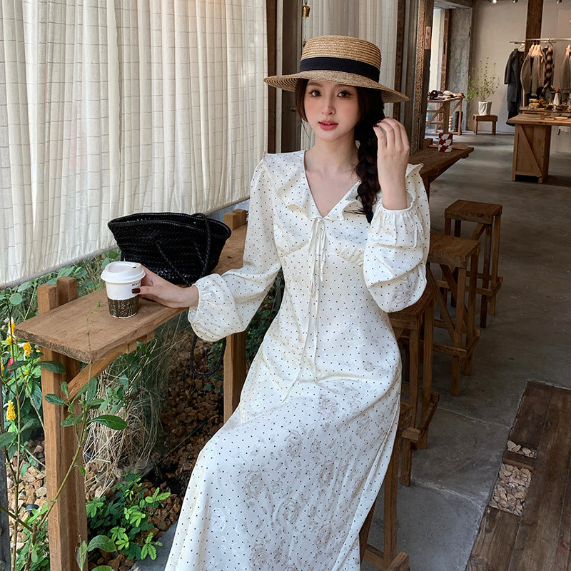 2025 spring new temperament polka dot retro high waist long sleeve thin dress 88198