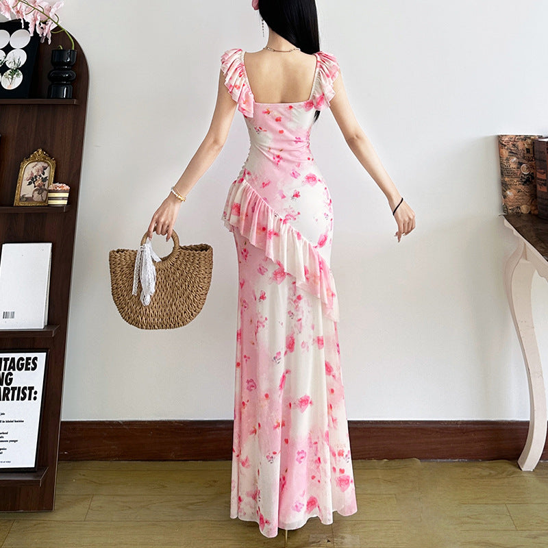 2025 style 2025 spring new women's clothing romantic lotus leaf edge waist thin pink floral dress