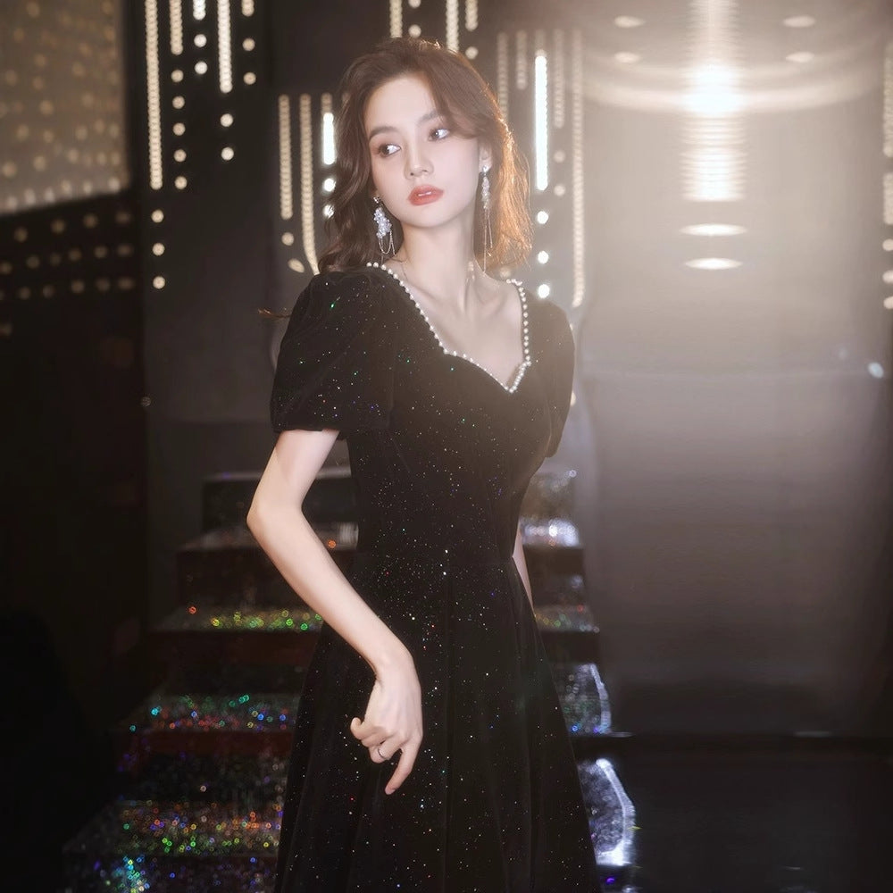 2025 Black evening dress dress, female banquet temperament, light luxury, niche, high-end art examination performance, Hepburn host, high sense