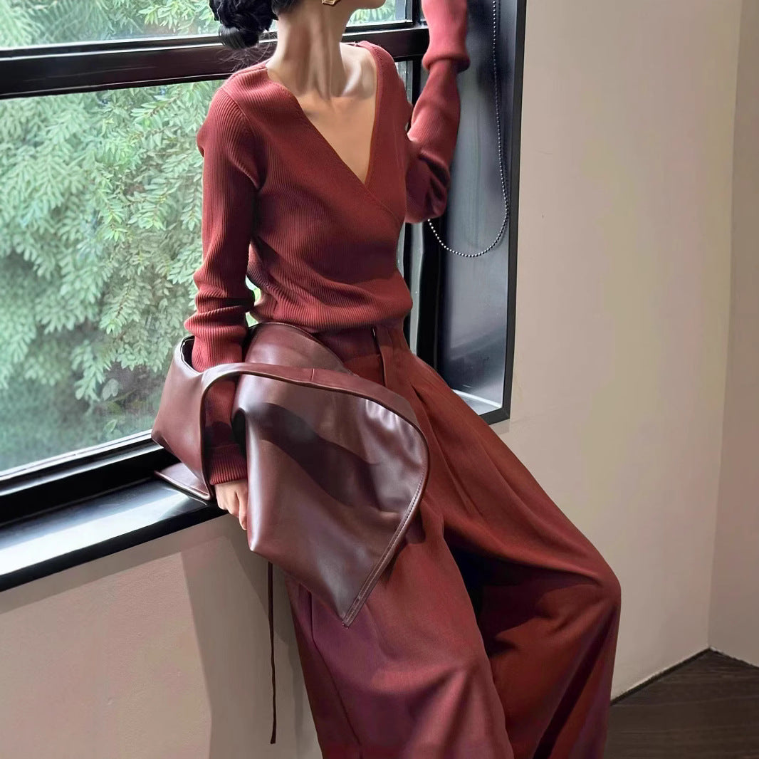 2025 Spot Angola burgundy V-neck sweater wide-leg pants two-piece set, new salt light ripe high-end commuter set