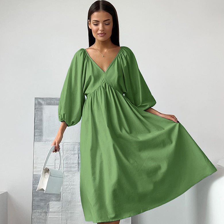 2025 Sky blue cotton and linen V-neck hollow lace-up pullover dress popular spring fashion new New women's clothing