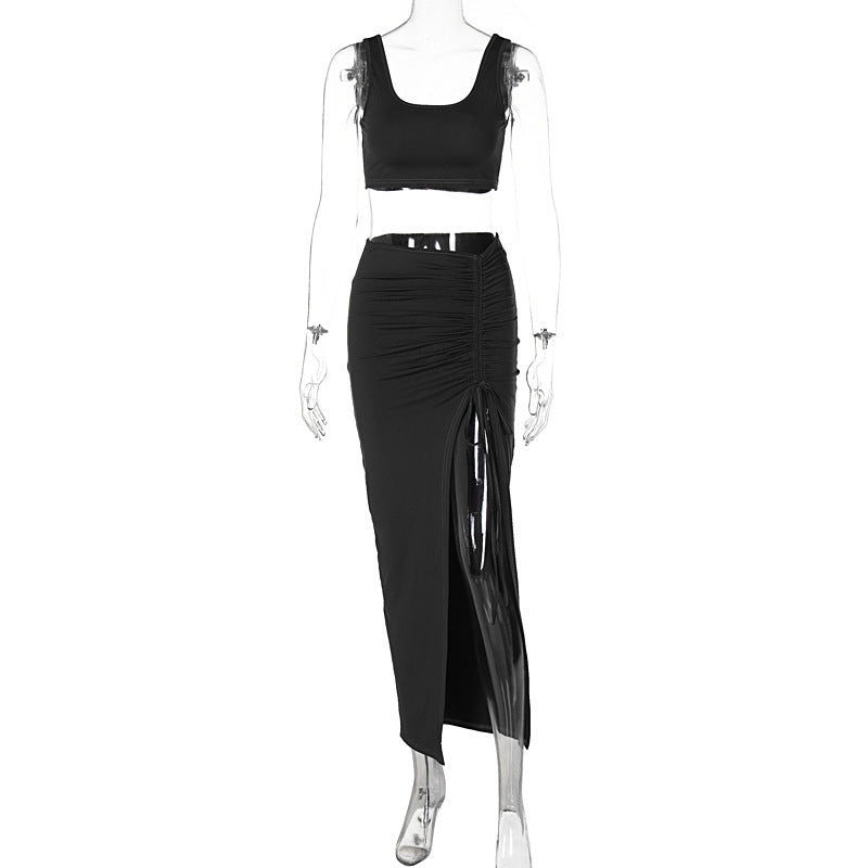 BENPAOLV 2025 style New summer and autumn U-neck tube top slim-fitting split-ended long dress fashion and leisure two-piece set