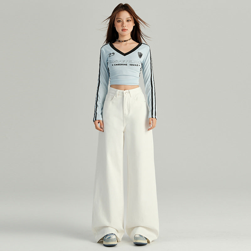 2025 n White Wide Leg Thick Fleece Women's Winter popular High Waist Loose Hip Covering Skinny Narrow Jeans