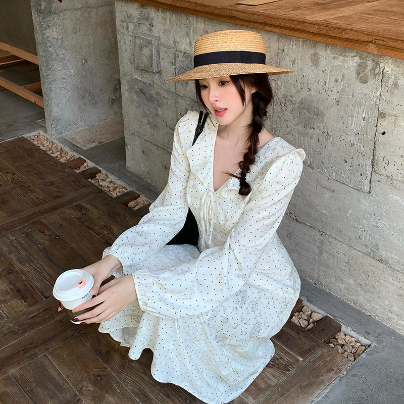 2025 spring new temperament polka dot retro high waist long sleeve thin dress 88198