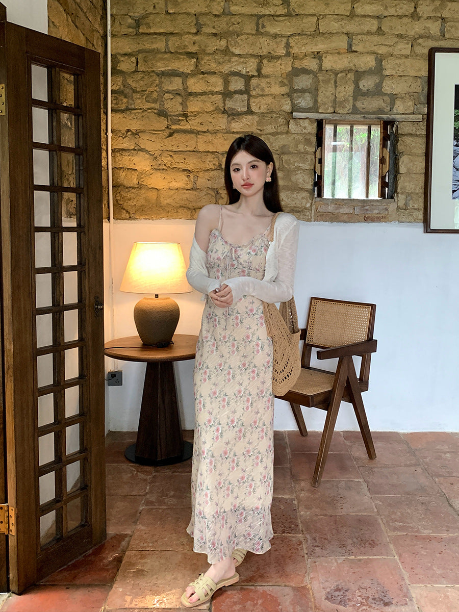 2025 spring and summer new Korean version high waist suspender dress printed pure desire vacation skirt women 88078