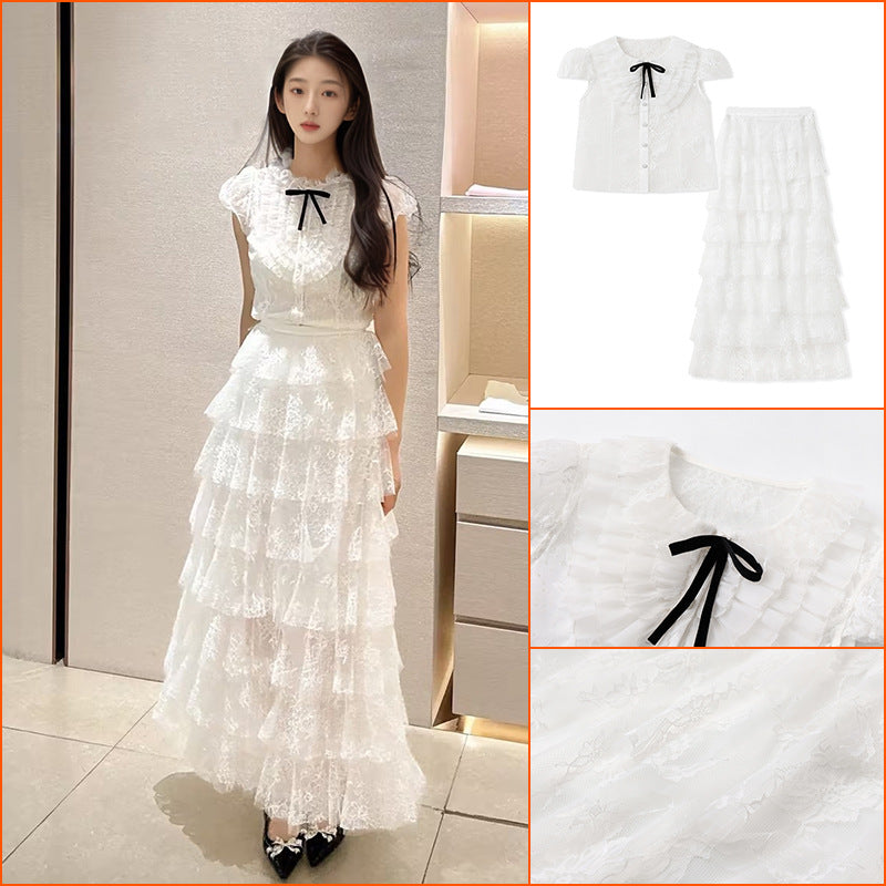Summer Korean sweet and gentle wind waist cake skirt women's short fashion lace shirt skirt set N3033