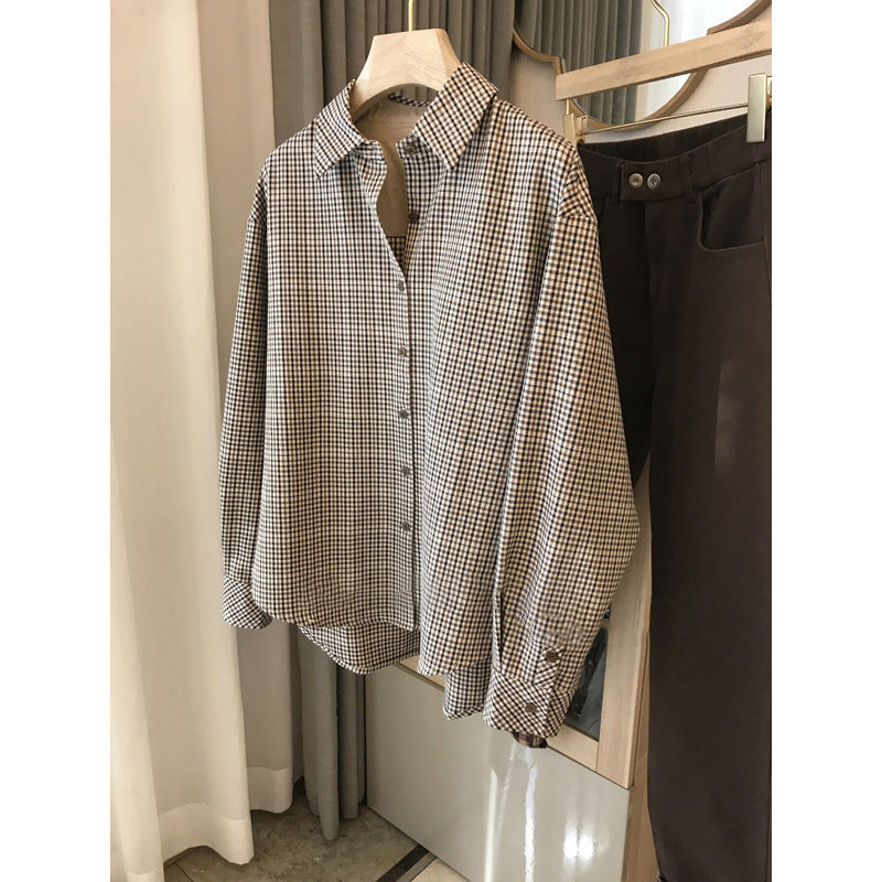 2025 Vintage plaid women's shirt summer new, casual inside with women's clothing, fleece thickened shirt