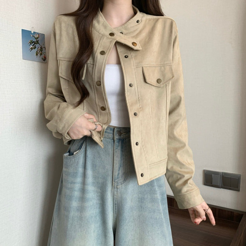 Large size 2025 spring clothing new Korean version design sense deerskin velvet loose and thin short long-sleeved jacket jacket women