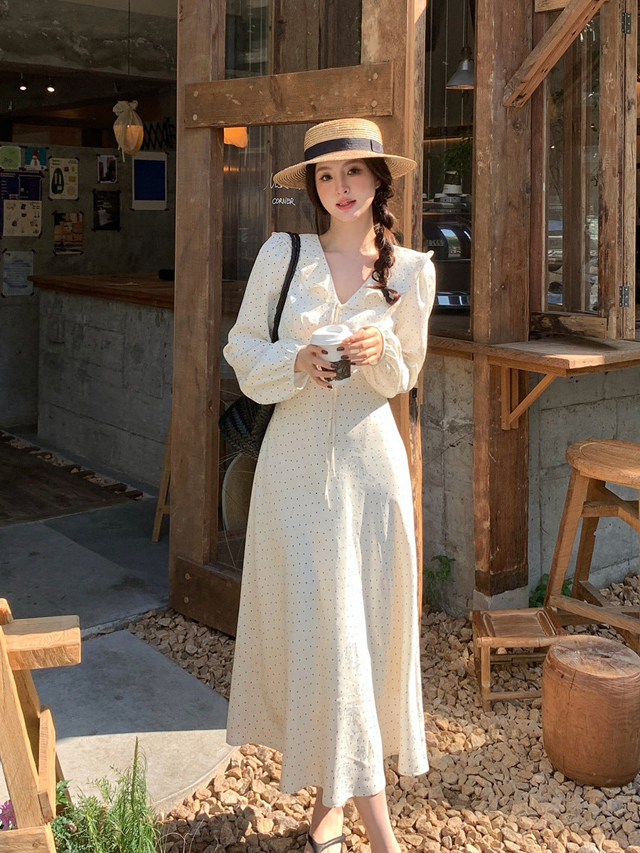 2025 spring new temperament polka dot retro high waist long sleeve thin dress 88198