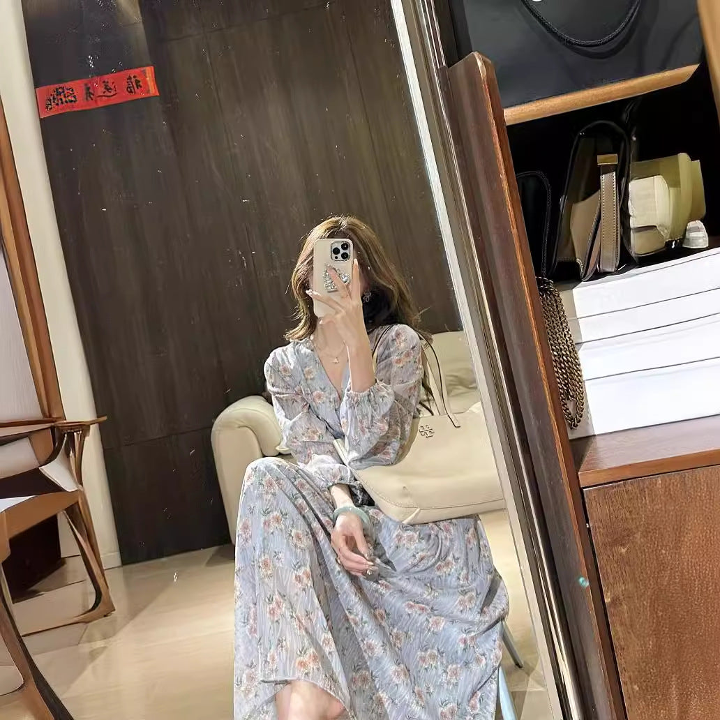 2025 early spring new gentle floral waist and thin long-sleeved collar loose lace-up medium and long dress