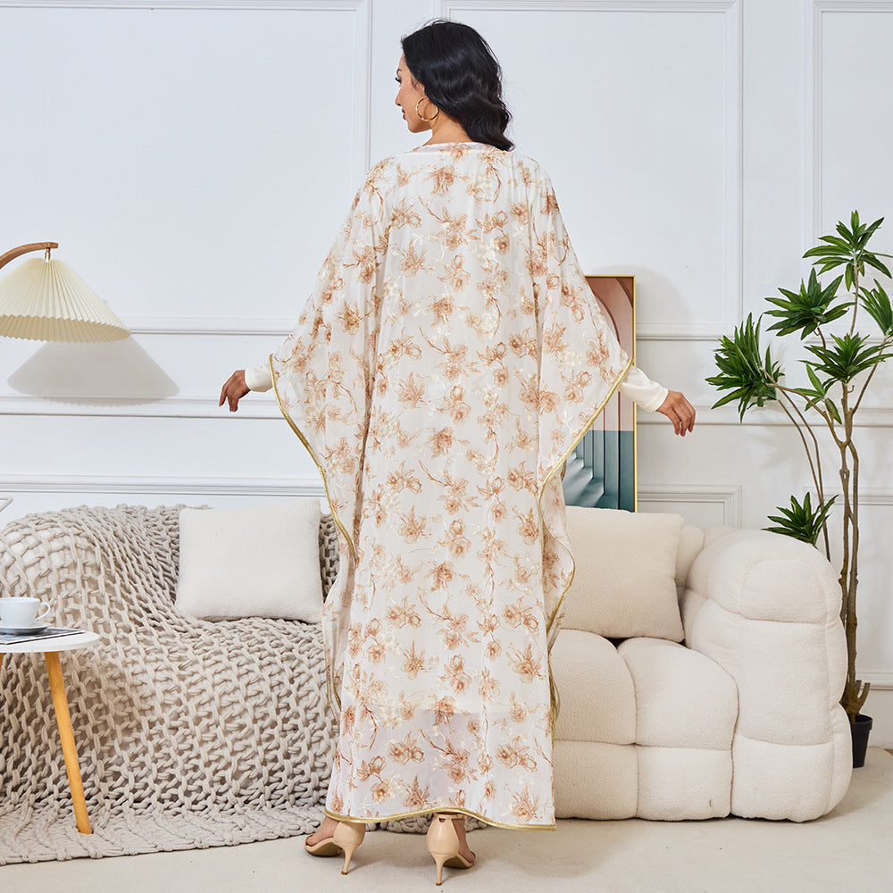 Summer new Muslim Middle Eastern robe women's embroidered beaded collar dress Dubai women's long dress dress