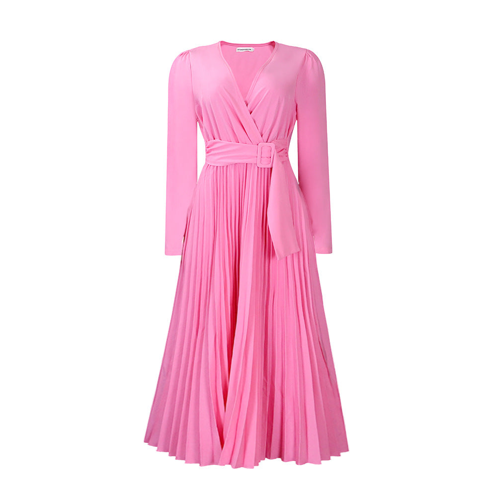 BENPAOLV D419 2025 women's clothing new long-sleeved lace-up solid color V-neck slim-fitting pleated large-size African dress
