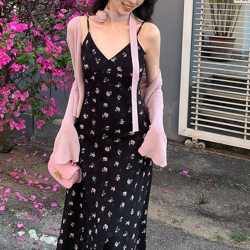 2025 Spring New Vintage High Waist Suspender Dress Sub-print Pure Desire Vacation Dress Women 88201
