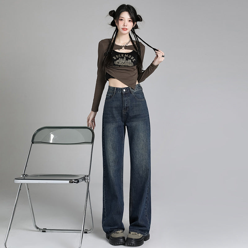 2025 Retro jeans women's spring popular new small n high-waisted and thin floor-mopping wide-leg pants