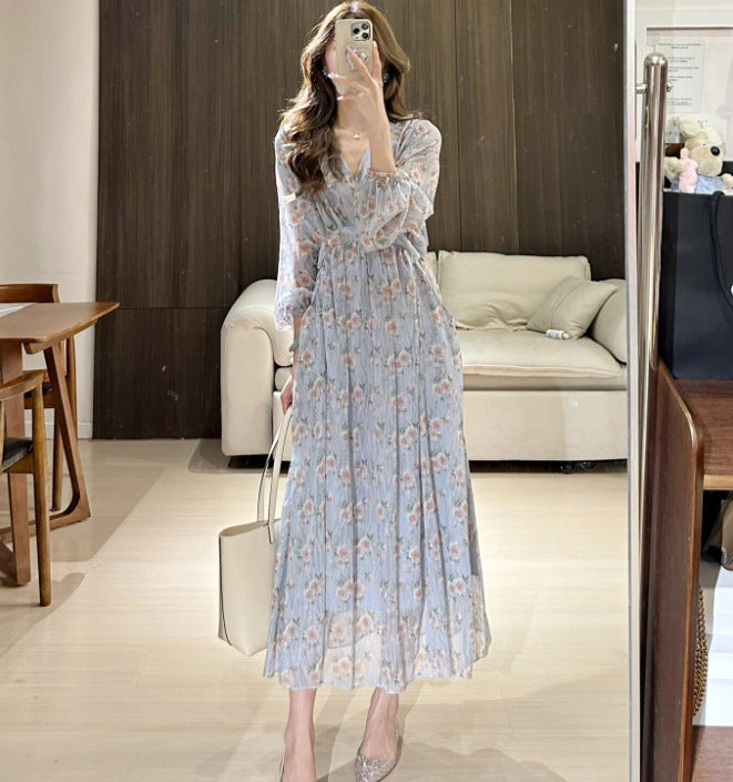 2025 early spring new gentle floral waist and thin long-sleeved collar loose lace-up medium and long dress