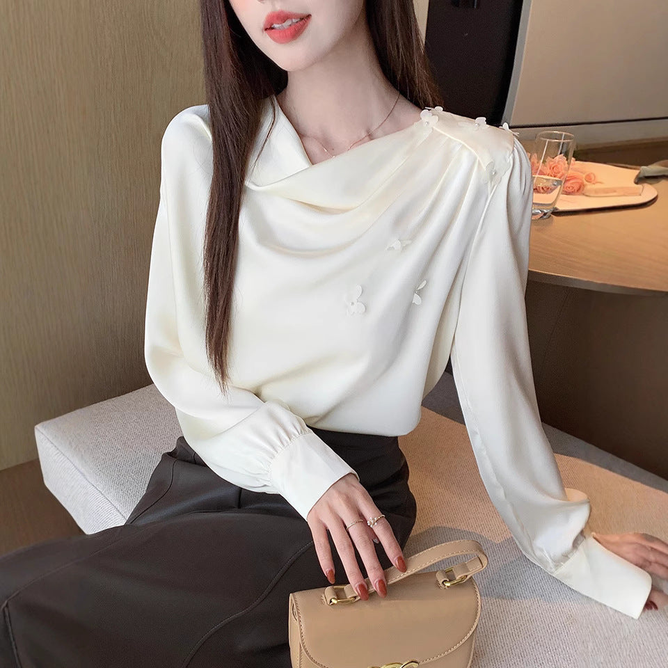 Pleated swinging collar shirt women's 2025 spring and autumn clothing new Korean version temperament beaded long-sleeved casual bottoming top shirt