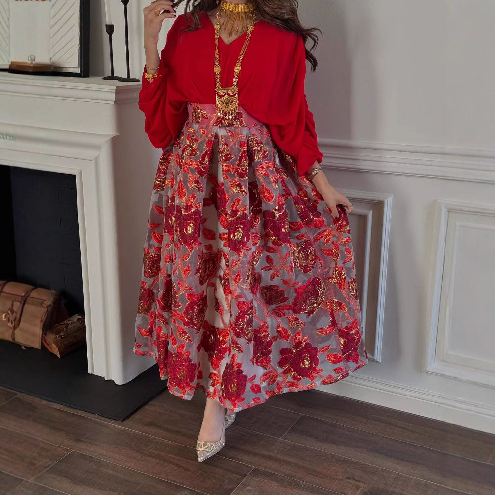 2025 spring and summer new New Popular trade women's clothing independent station Middle East flower jacquard embroidered evening dress