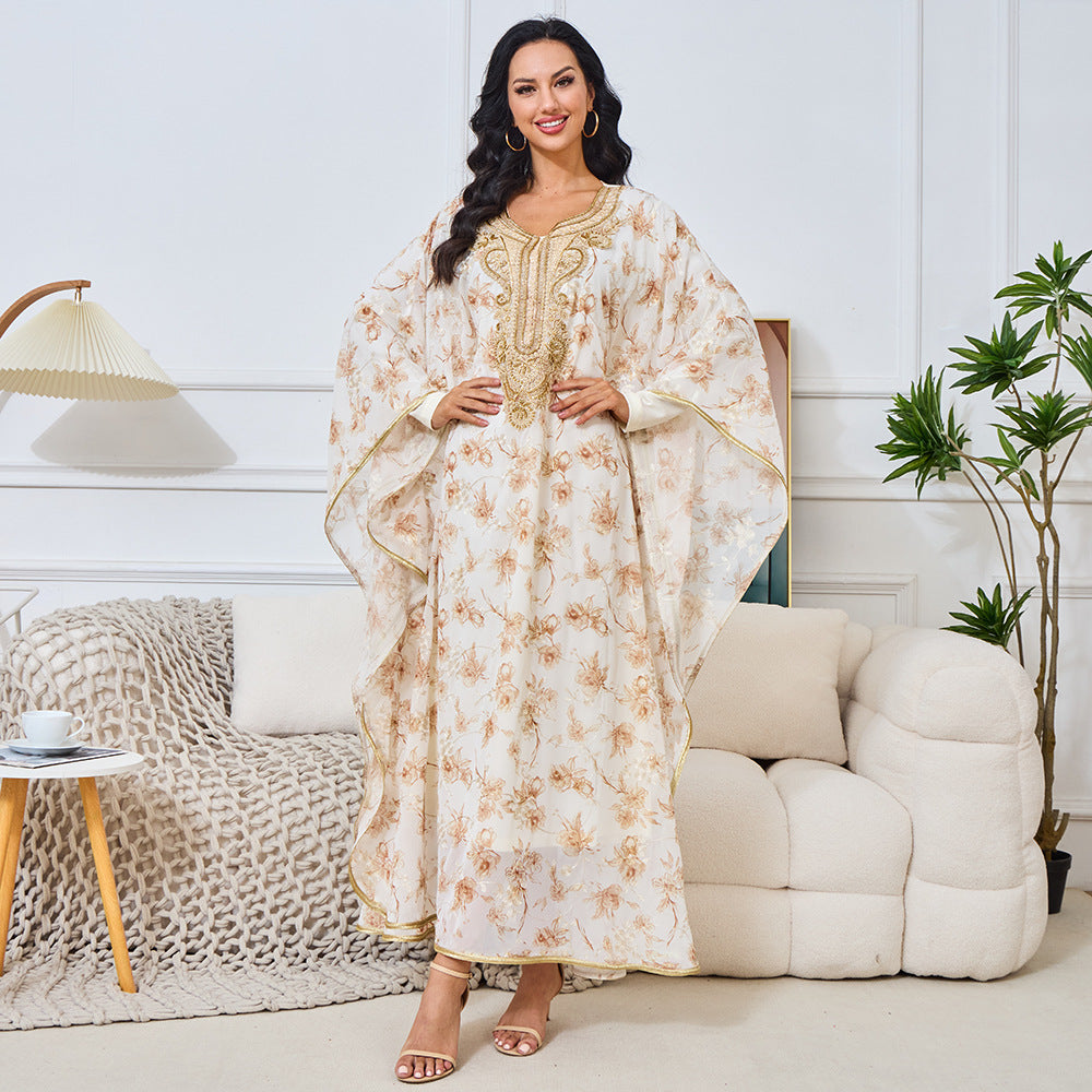 Summer new Muslim Middle Eastern robe women's embroidered beaded collar dress Dubai women's long dress dress