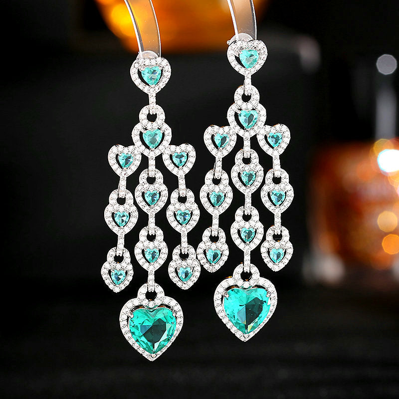 2025 Exaggerated atmosphere light luxury earrings tide color zircon design sense long concentric lock earrings love fringed earrings