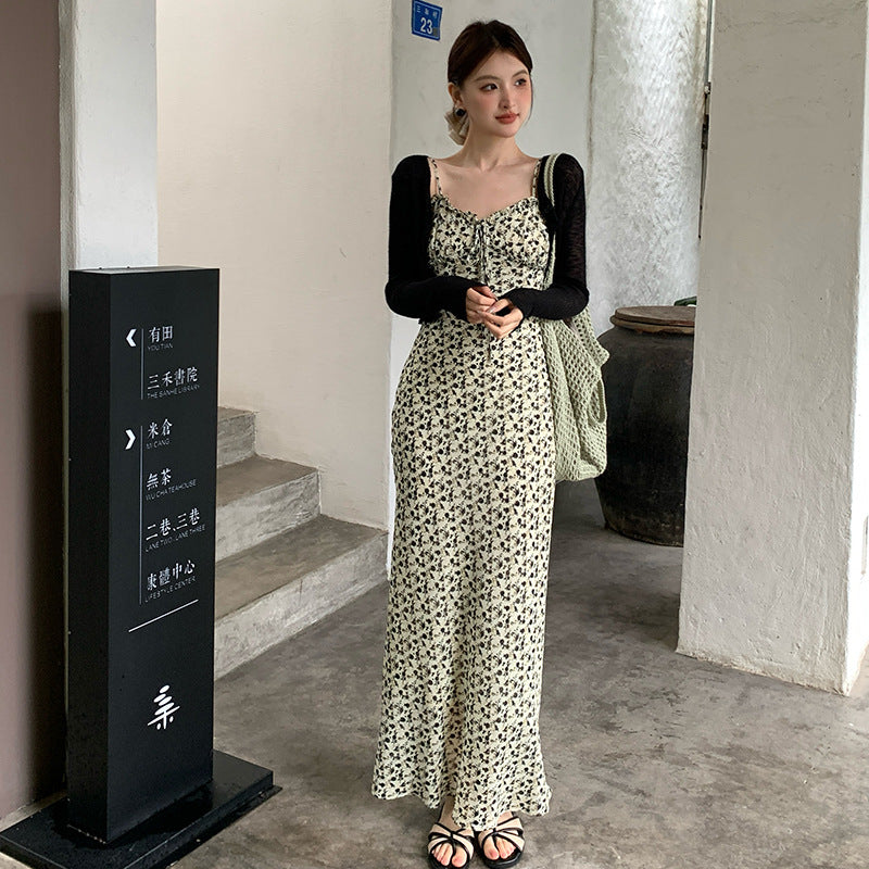 2025 spring and summer new Korean version high waist suspender dress printed pure desire vacation skirt women 88078