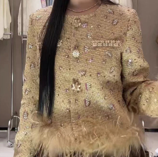 2025 popular new sequined thickened down jacket small fragrant jacket splicing ostrich hair celebrity noble top women's cardigan