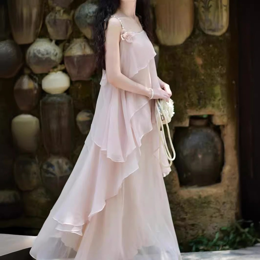 2025 Summer new Chinese retro romantic pink suspender fairy style design irregular top skirt two-piece set