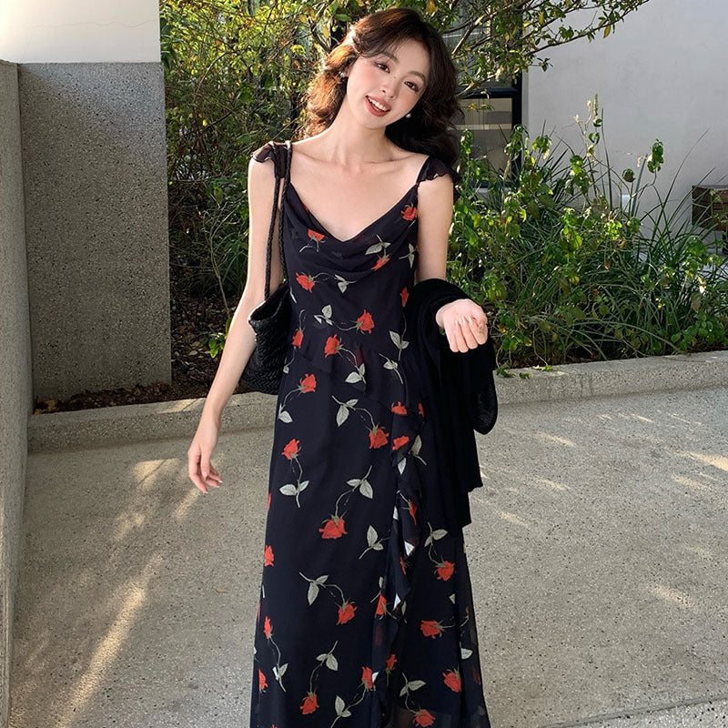 2025 spring and summer new Korean version high waist suspender dress printed pure desire vacation skirt women 88195