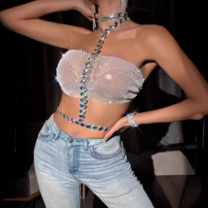 XH234004 2025 New hot-selling fishing net rhinestone splicing acrylic diamond fashion neck wrap top vest