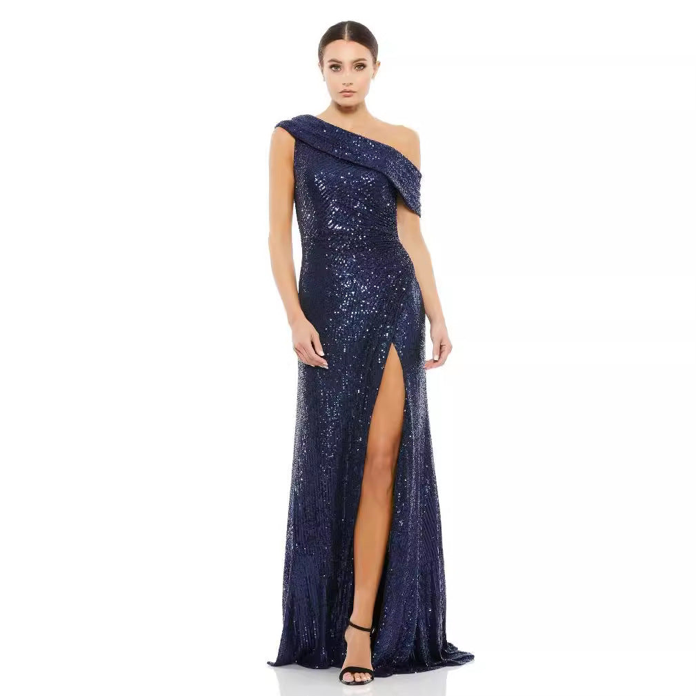 2025 popular hot-selling summer fashion sequins temperament diagonal collar high split celebrity dress dress (4 colors)