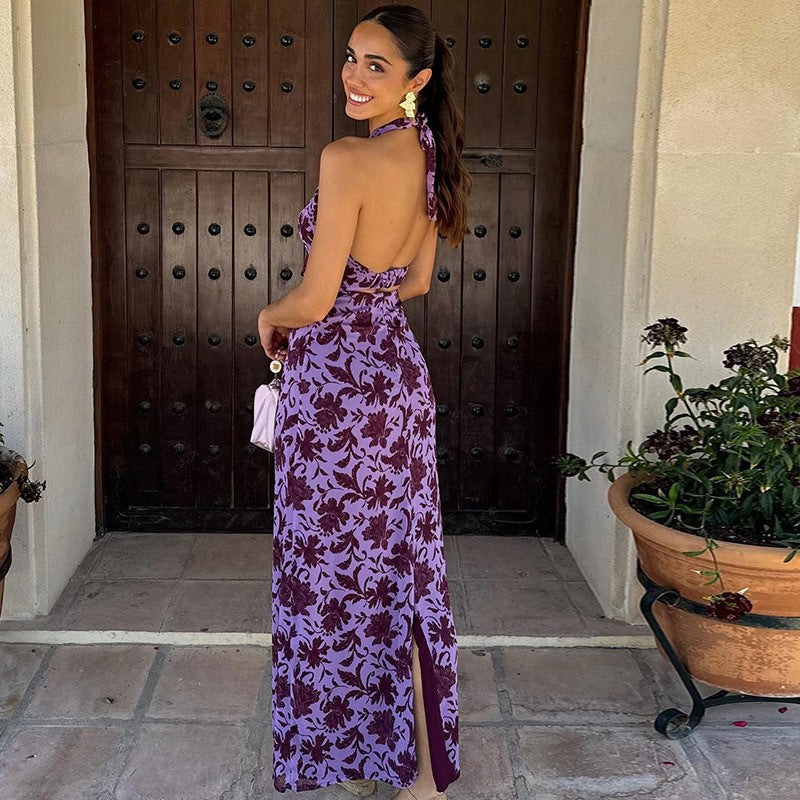 BENPAOLV 2025 popular summer new New women's clothing neck off-the-shoulder printing backless back split-ended dress women