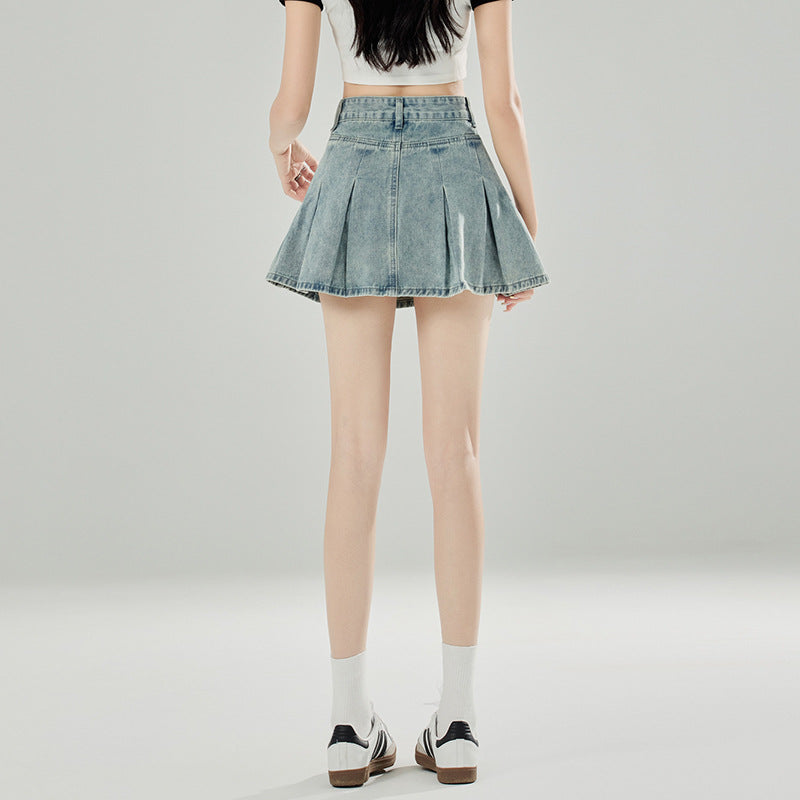 2025 Light blue denim skirt women's summer popular new high-waisted A-word pleated skirt showing long legs Spice girl short skirt