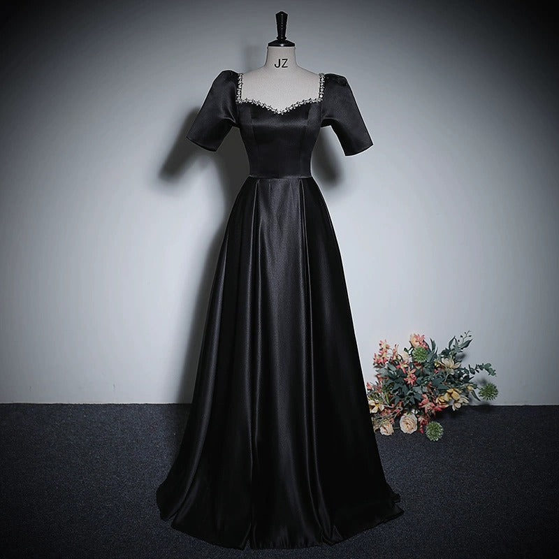 2025 Black conductor evening dress female banquet piano temperament socialite high sense bubble sleeves host stage chorus suit