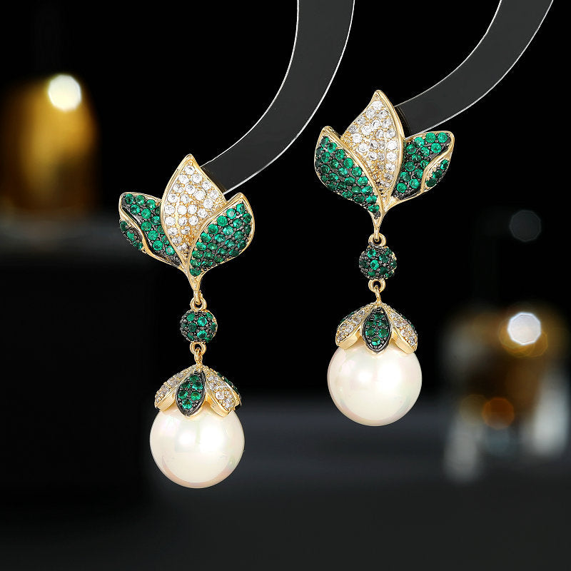 2025 S925 silver needle retro elegant temperament new earrings wholesale zircon inlaid flower water drop pearl earrings