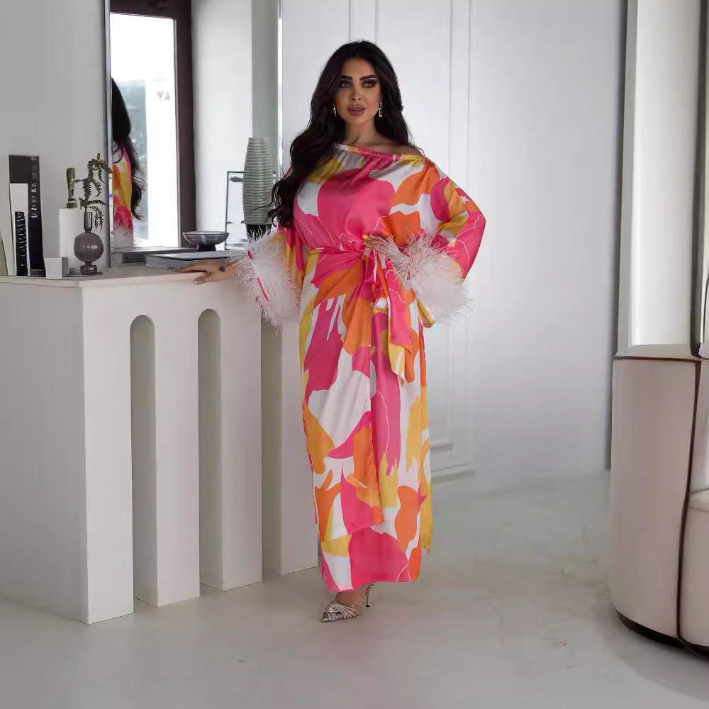 2025 popular spring and summer New Popular trade women's clothing independent station ebay sexy printing feather splicing ball evening dress