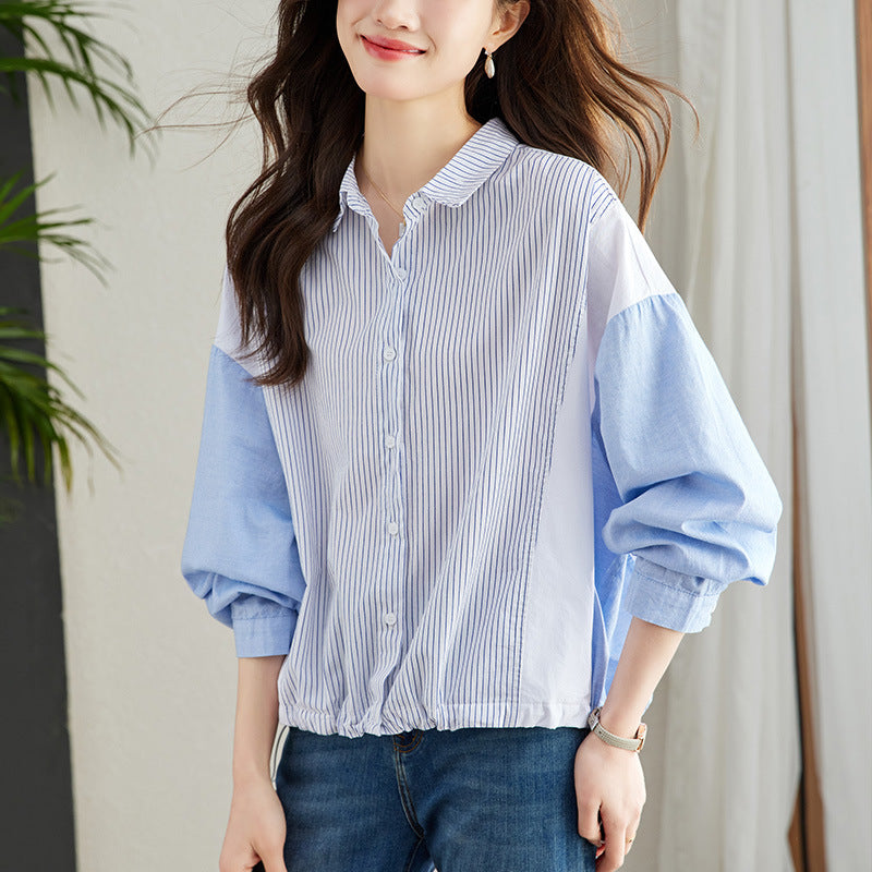direct sales pure cotton long-sleeved shirt women's splicing vertical strip shirt women's commuter Korean version loose and chic striped top