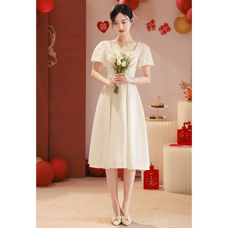 2025 Small white evening dress, usually worn in spring, get a certificate to register, small white dress, toasting dress, female bride engagement dress