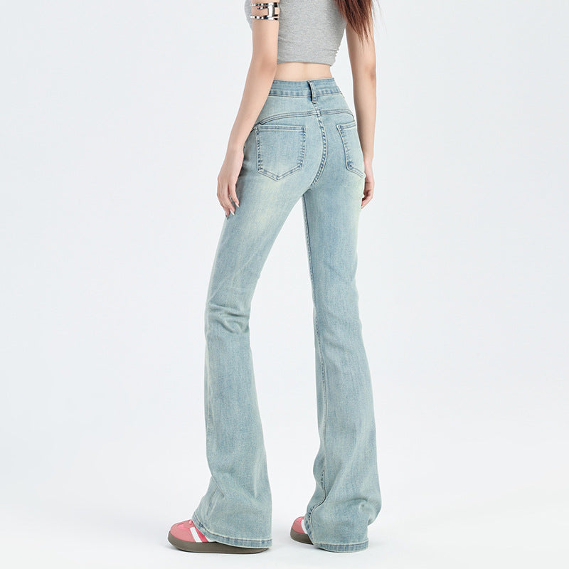 2025 Light-colored micro-flared jeans for women's spring and autumn popular new high-waisted and thin small Spice Girls horseshoe flared pants