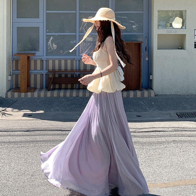 one-word shoulder small vest, bud top, sparkling elastic waist skirt, elegant and drape long skirt 2025