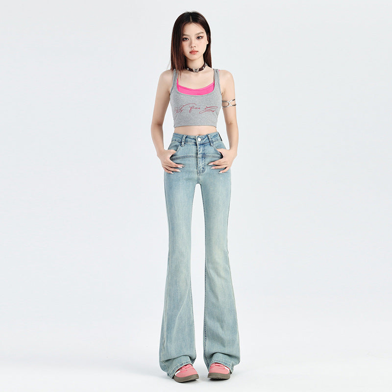 2025 Light-colored micro-flared jeans for women's spring and autumn popular new high-waisted and thin small Spice Girls horseshoe flared pants