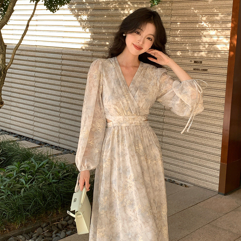 2025 spring new temperament print hollow high waist long sleeve thin dress 88189