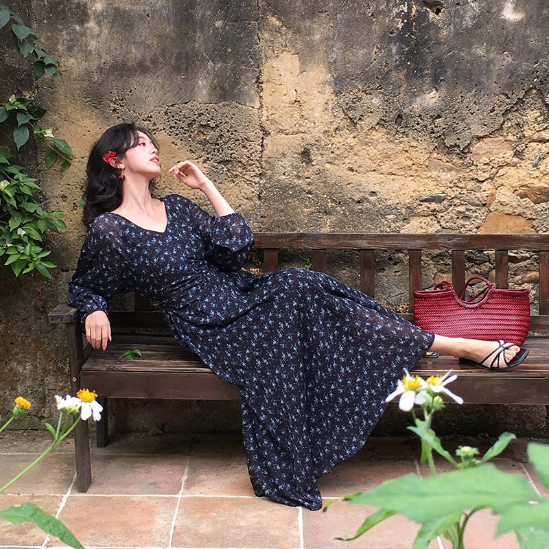 2025 Spring New Temperament Printed Retro High Waist Long Sleeve Skinny Dress 88202