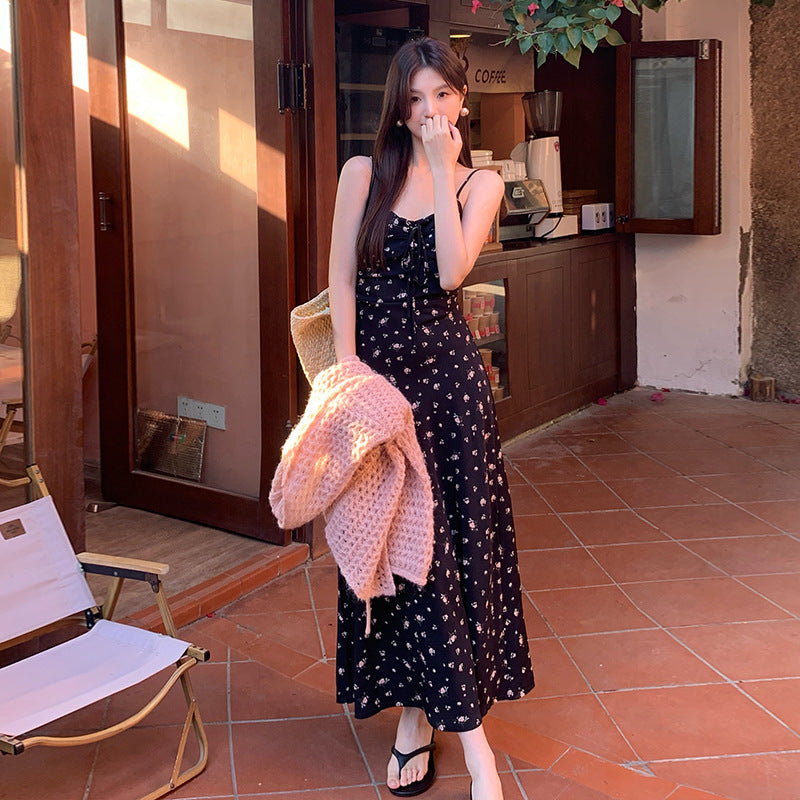 2025 Spring New Vintage High Waist Suspender Dress Sub-print Pure Desire Vacation Dress Women 88173