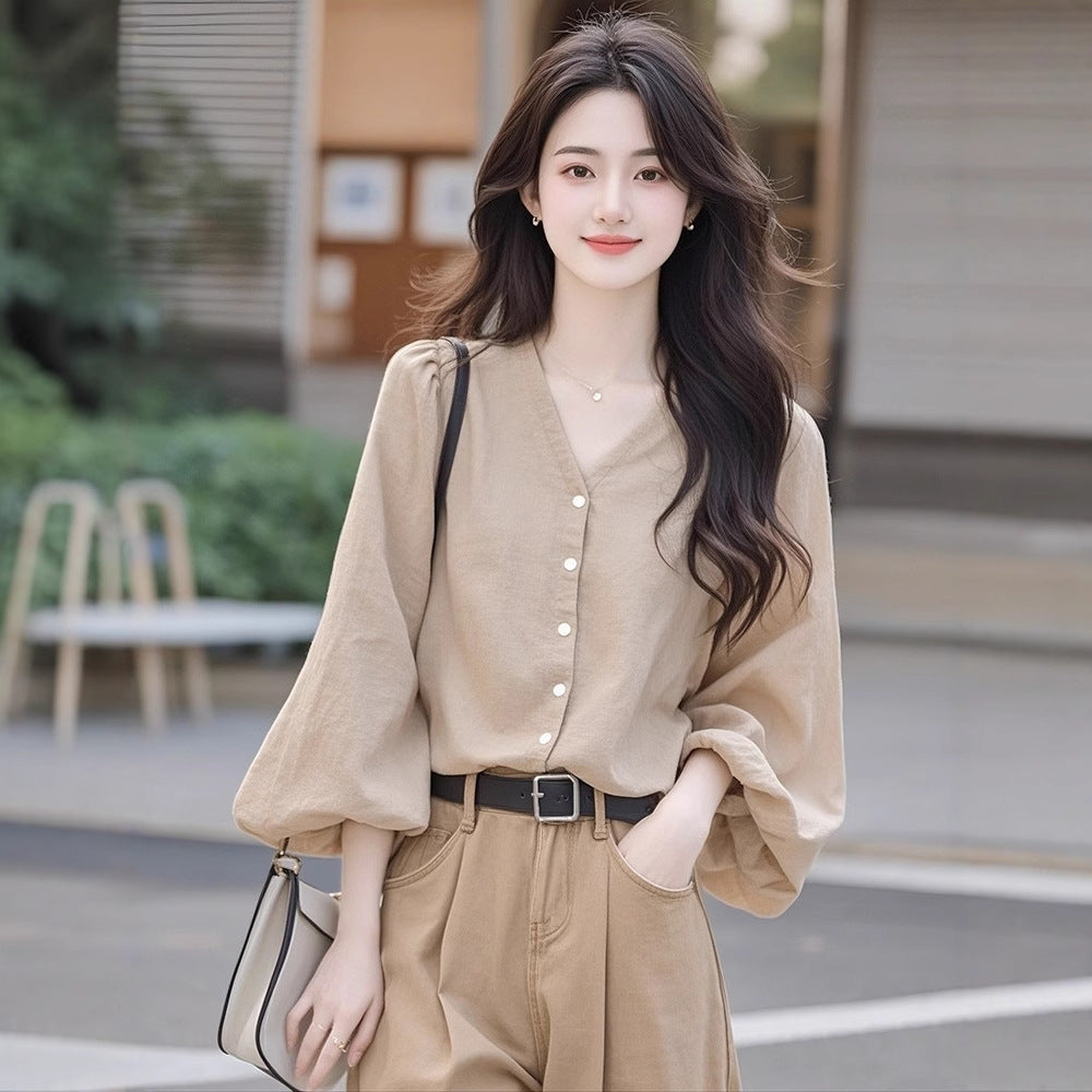 White collar lantern sleeve top women's clothing 2025 new early spring Popular style high-end wear chic lining