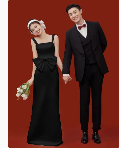 2025 Photo studio photo theme clothing light wedding dress small dress suspender satin bow going out yarn dress spring