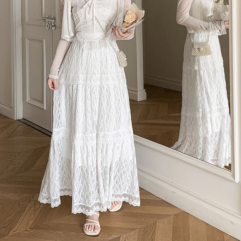 White lace skirt 2025 new design sense embroidered princess tutu skirt casual cake long skirt women's Popular trade