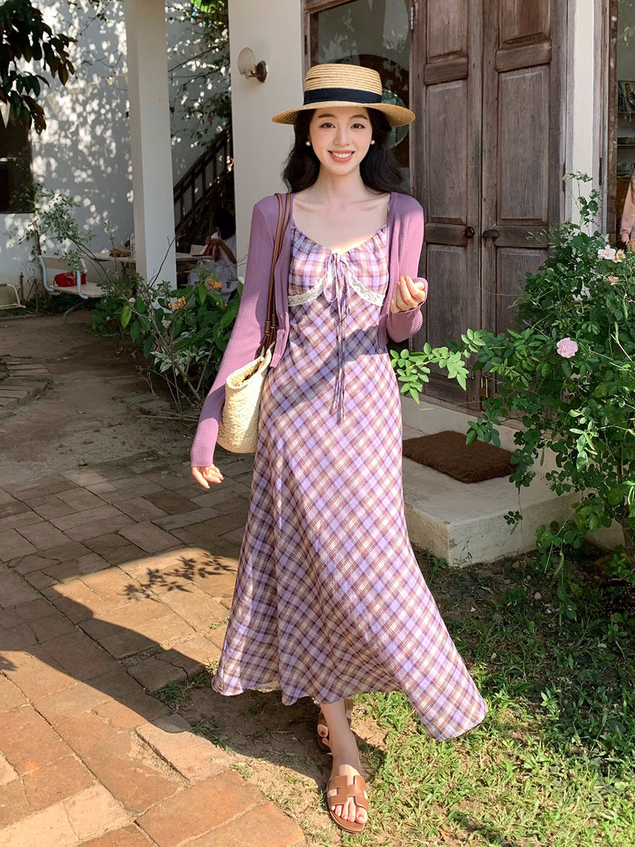 2025 spring new Korean version high waist suspender dress plaid pure desire vacation skirt women 88188