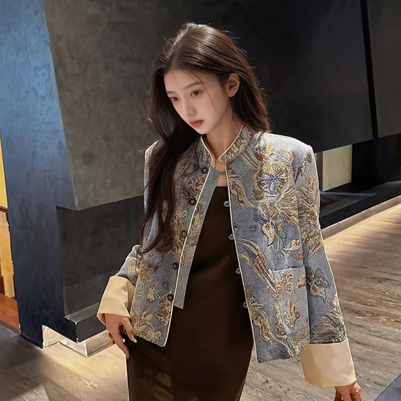 Spring 2025 New National Style Cool Elegant Top New Chinese Sequins Embroidered Denim Jacket Women's N3049