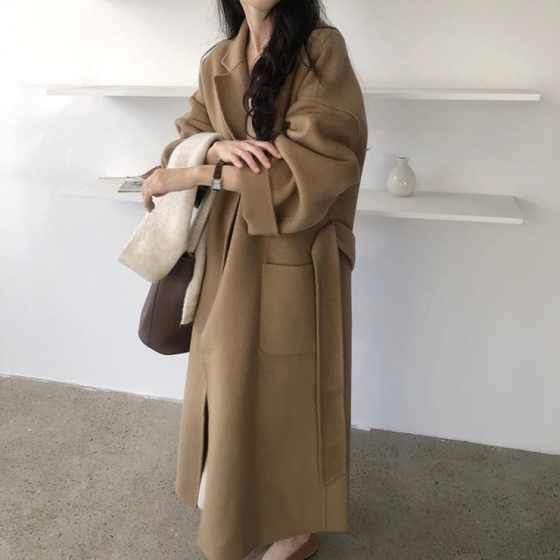 Dongdaemun, South Korea 2025 autumn and winter new lace-up cashmere coat women's medium and long loose over-the-knee woolen coat
