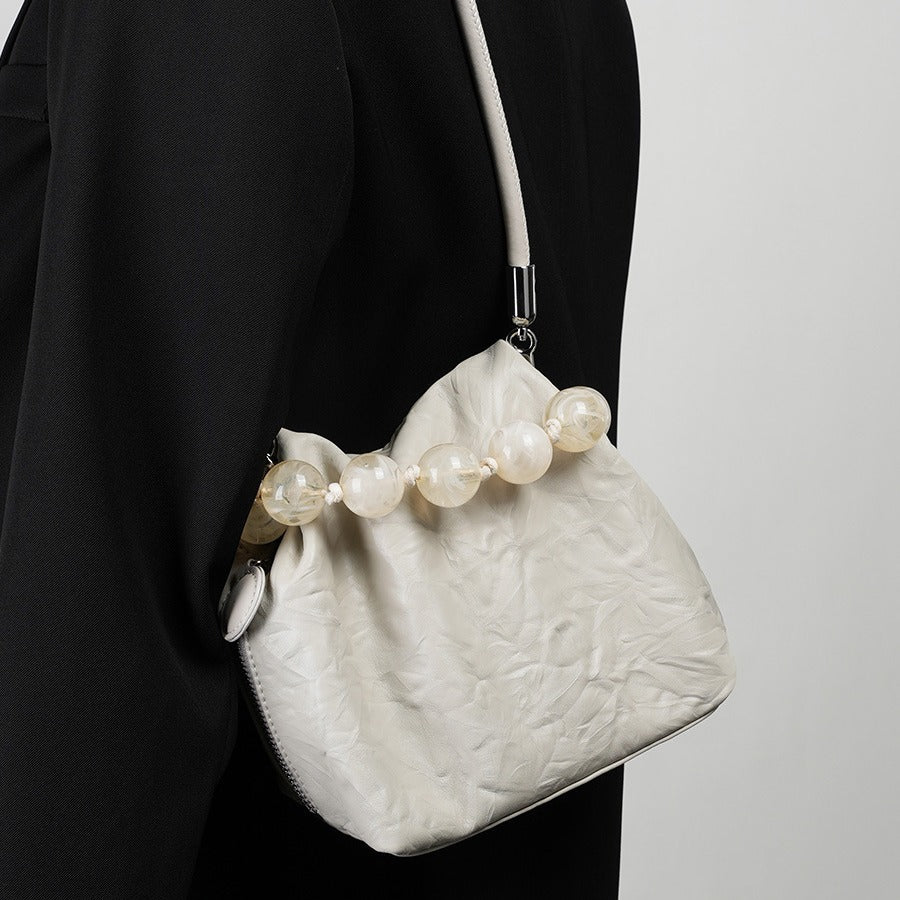2025 First layer leather women's bag beaded handbag bag popular new new Chinese bead bag characteristic hand-scratched lunch box bag